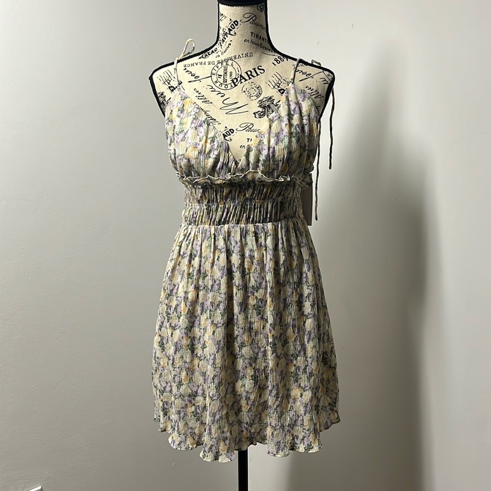 Lush floral, v neck, adjustable strap mini dress with scrunch waist.